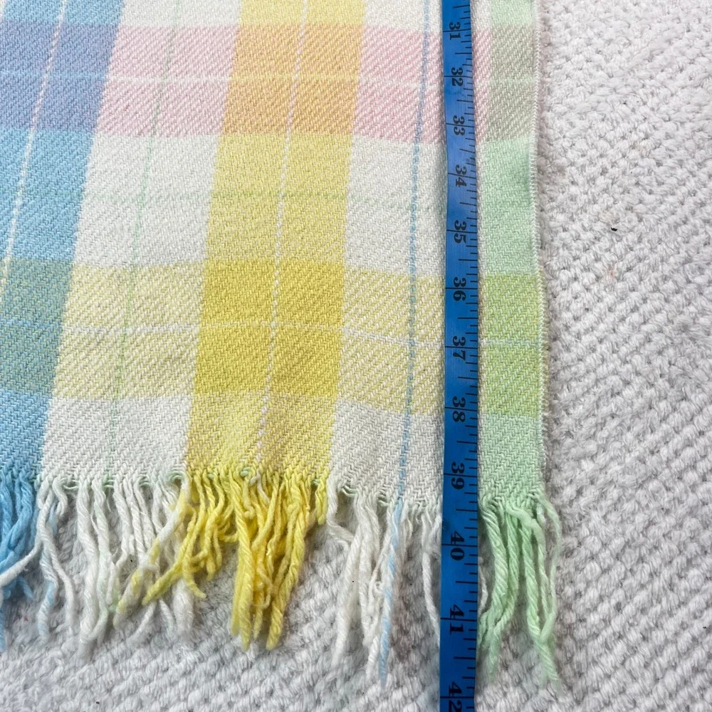 Vintage Tennessee Woolen Mills Pastel Plaid Fringed Wool Baby Throw Blanket